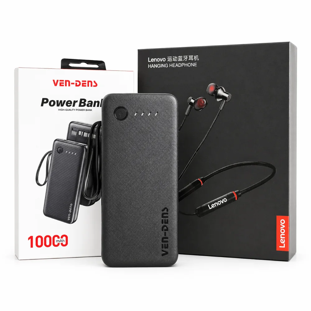 🔋🎧 VEN-DENS 10000mAh Power Bank + Lenovo Hanging Headphone Combo