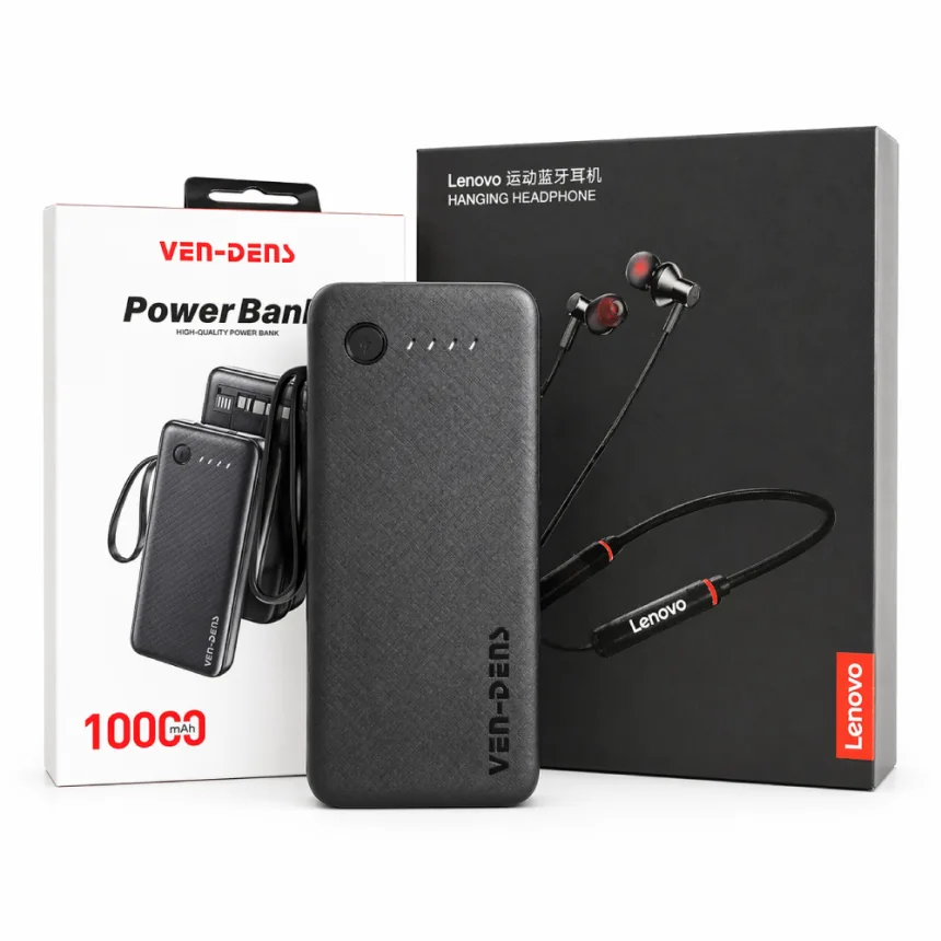 🔋🎧 VEN-DENS 10000mAh Power Bank + Lenovo Hanging Headphone Combo