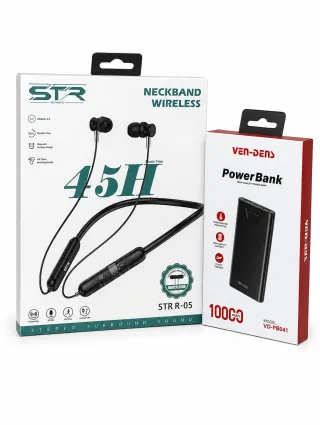 STR R-05 45H Wireless Neckband + VEN-DENS VD-PB041 10000mAh Power Bank Combo